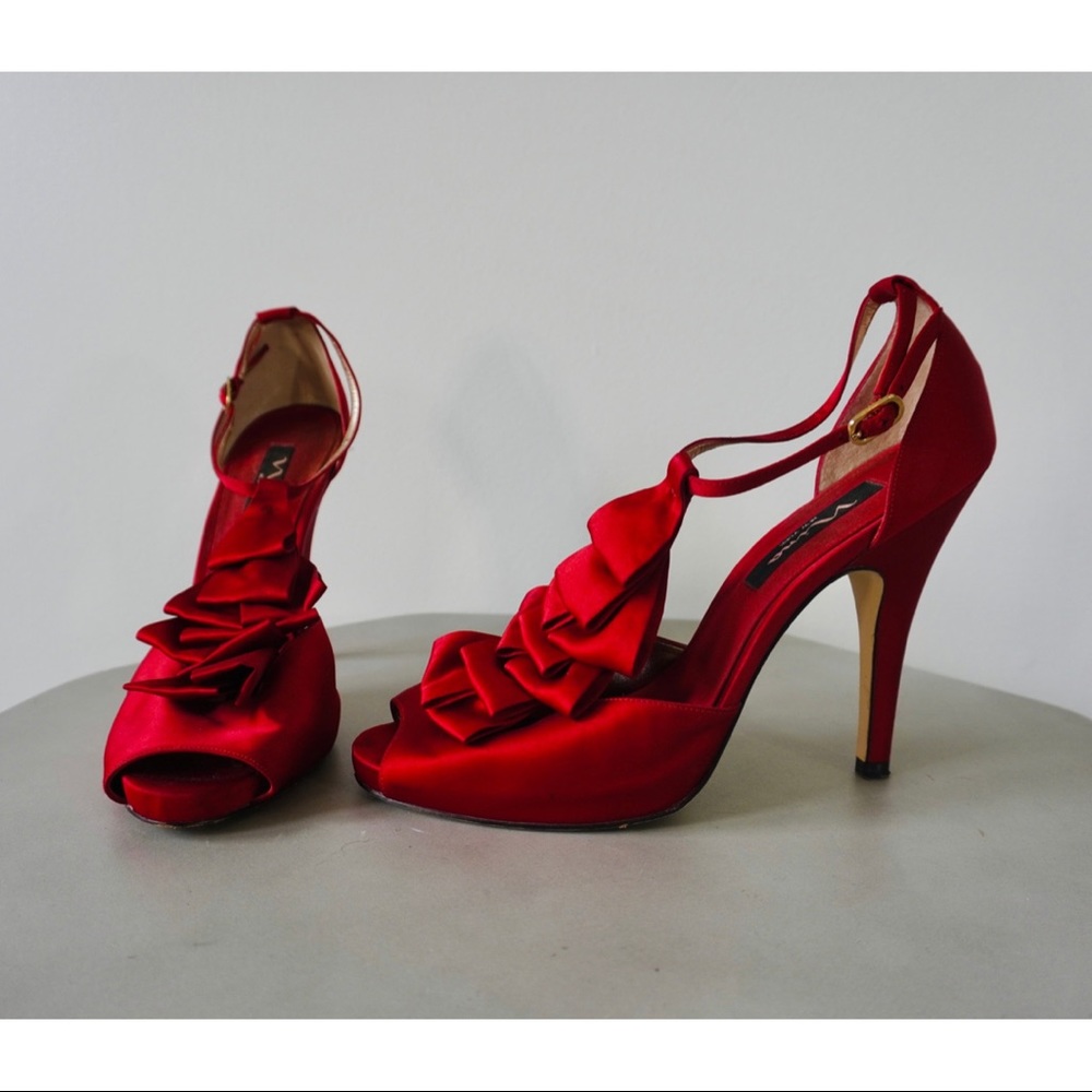 RED SATIN HEELS